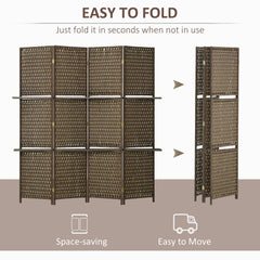 HOMCOM 4-Panel Room Dividers with Shelves, Wave Fibre Freestanding Folding Privacy Screen Panels, Partition Wall Divider for Indoor Bedroom Office, 180Â cm, Brown