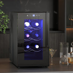 HOMCOM Mini Table Top Wine Fridge, 8 Bottle, 17L, 8-18 degrees C, 26.5cm Quiet Under Counter Wine Cooler Fridge with Glass Door, LED Light, Digital Touch Screen, Temperature Control