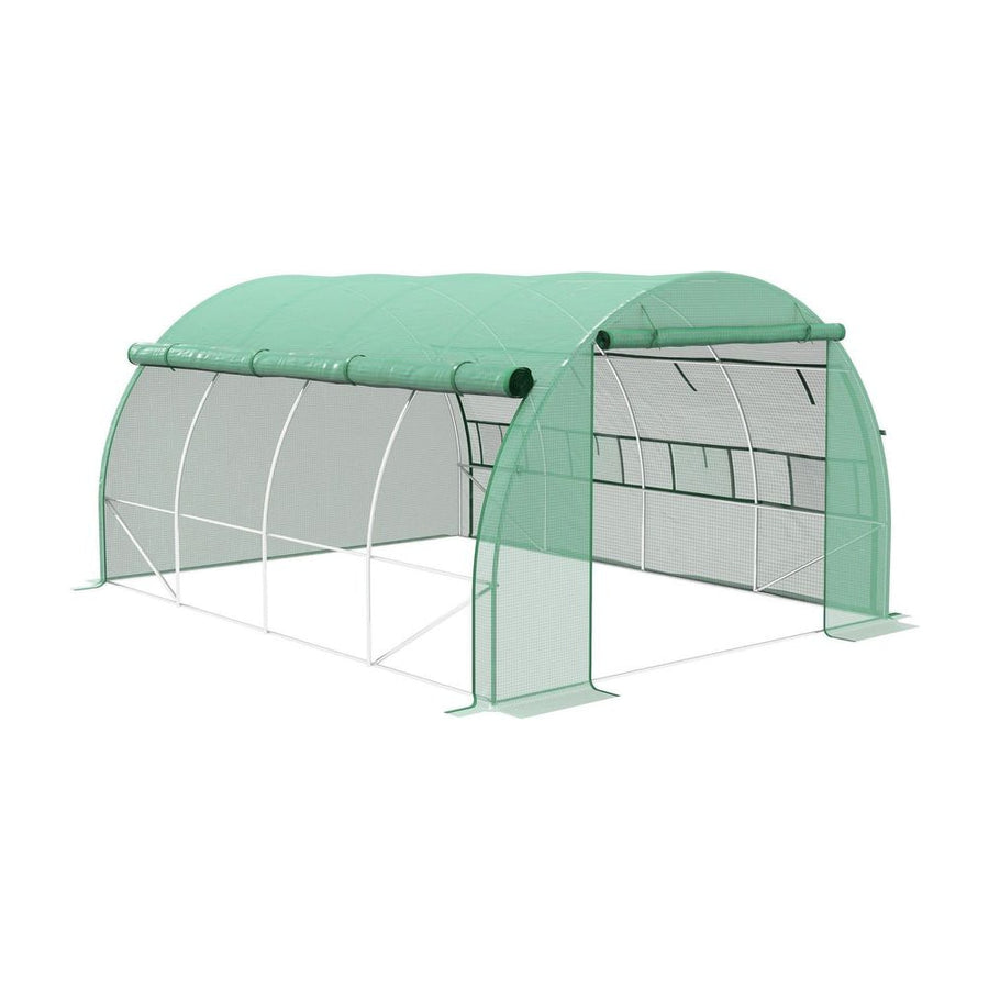 Outsunny Polytunnel Greenhouse Walk-in Grow House Tent with Roll-up Sidewalls, Zipped Door and 8 Windows, 4x3x2m Green