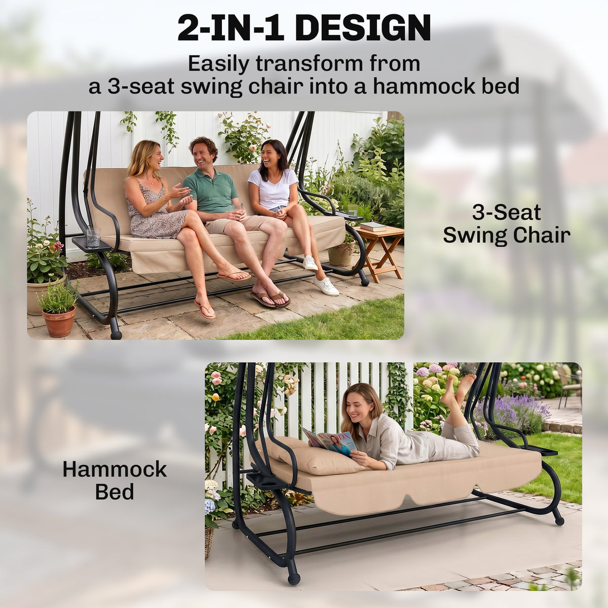 Outsunny Three-Person garden Swing Chair, with Adjustable Canopy - Light Brown