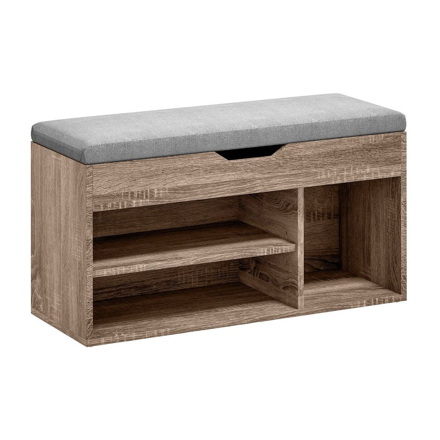 HOMCOM Shoes Cabinet Bench with grey padded seat and wood grain effect storage compartments