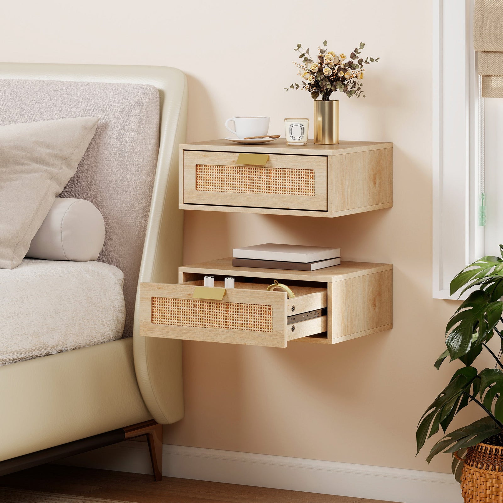 HOMCOM Floating Bedside Tables Set of 2, Wall Mounted Bedside Cabinets with Rattan Drawer and Wood Effect, Oak