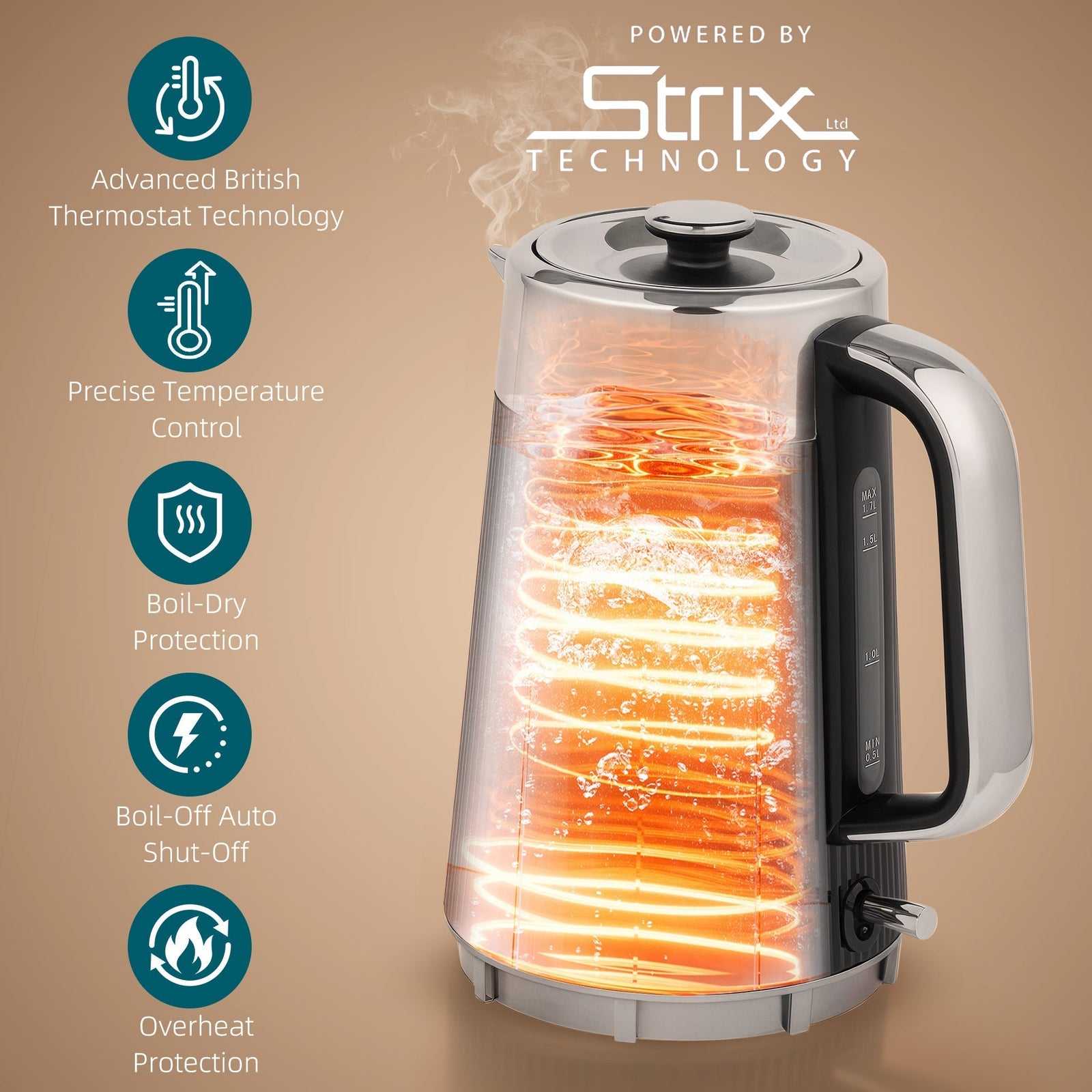 HOMCOM Electric Stainless Steel Kettle and Toaster Set, 3000W 1.7L UK Strix Thermostat Fast Boil Kettle w/ Limescale Filter, Cool Touch Body, 4 Slice Toaster with 7 Browning Levels, Crumb Tray, Black