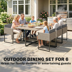 Outsunny 7 Piece Rattan Garden Furniture Set, Garden Dining Set with Wood-Plastic Table and 6 Stackable Chairs, Light Grey