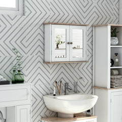 The bathroom mirror cabinet is shown mounted on a wall above a sink in a tiled bathroom