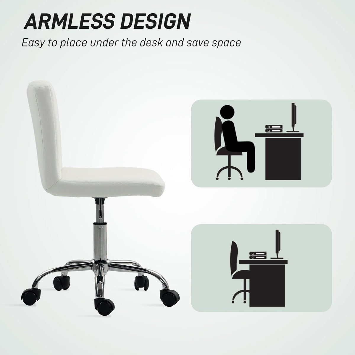 HOMCOM PU Leather Armless Office Chair, Modern Vanity Computer Swivel Chair with Rolling Wheels and Adjustable Height for Home Study, Bedroom, White