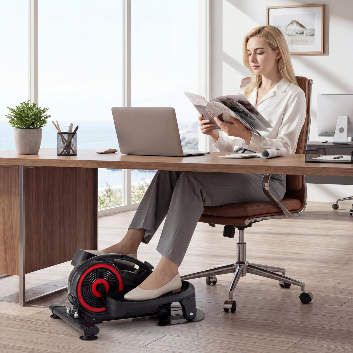 Under Desk Elliptical Pedal Exerciser Adjustable Magnetic Resistance and Whisper Quiet-Red
