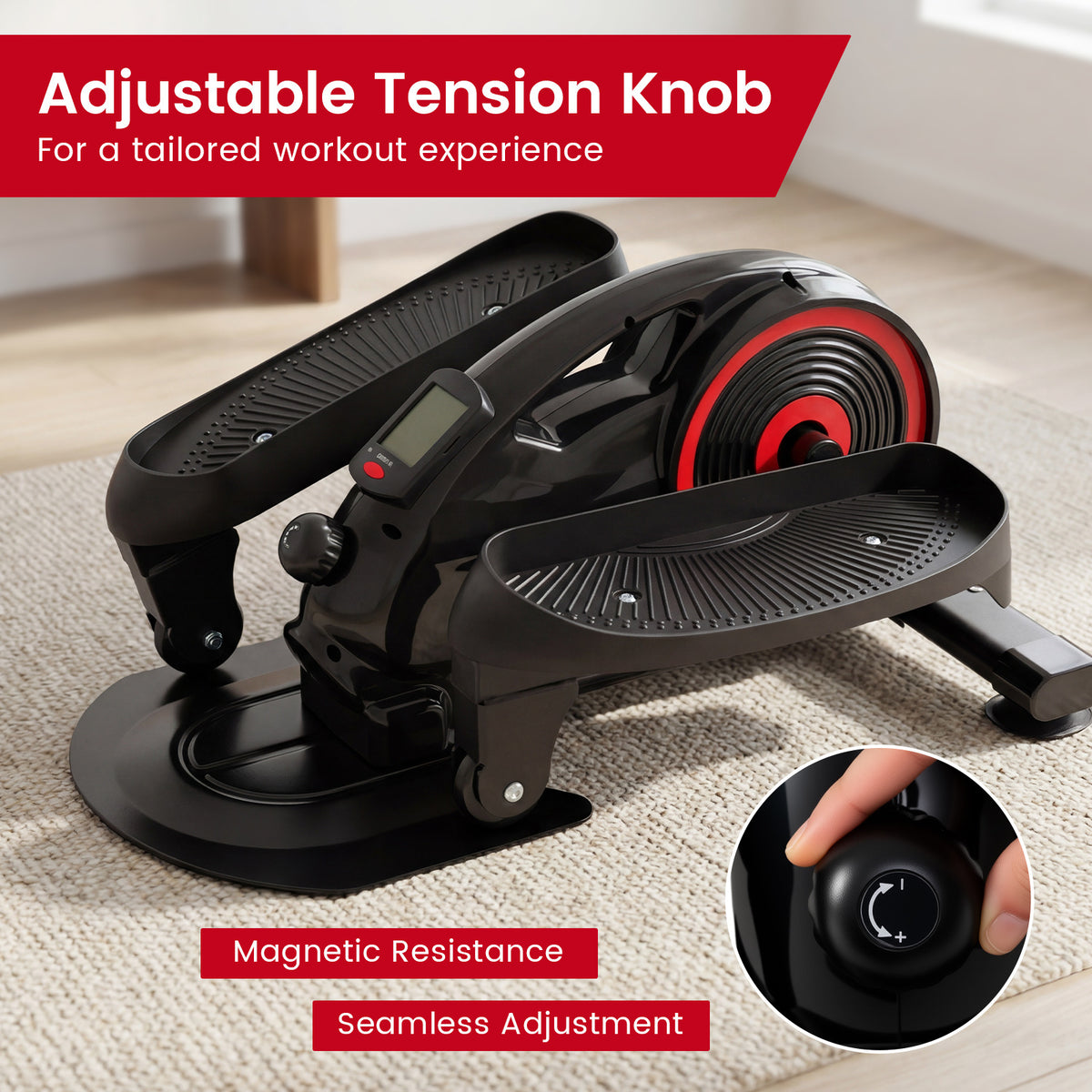 Under Desk Elliptical Pedal Exerciser Adjustable Magnetic Resistance and Whisper Quiet-Red