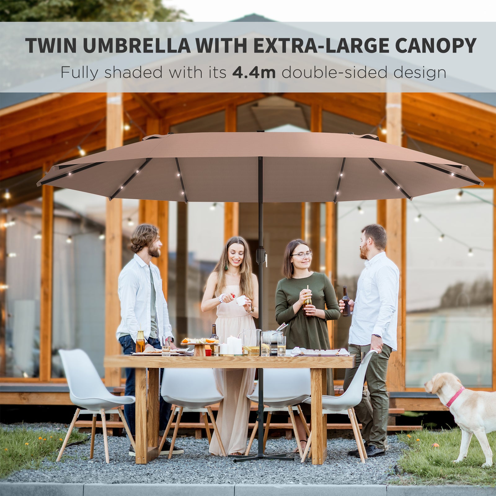 Outsunny Garden Parasol 4.4m Double-Sided Sun Umbrella Patio Parasol LED Solar Lights Khaki