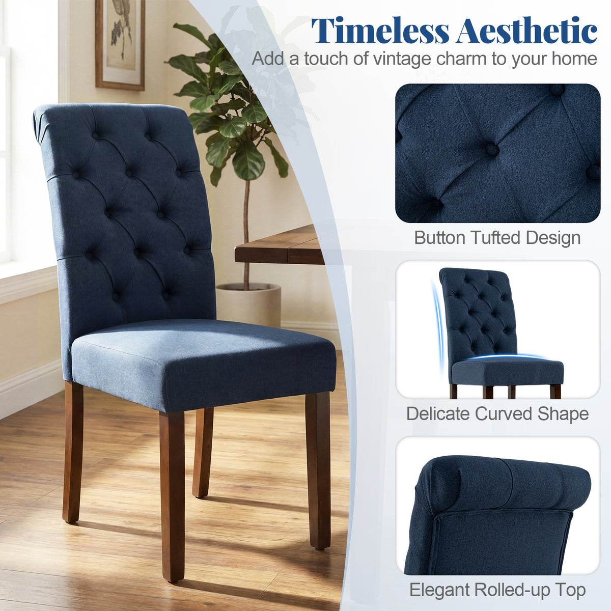 Upholstered Dining Chairs Set of 2 Button Tufted Chairs with Padded Seat and Backrest-Blue