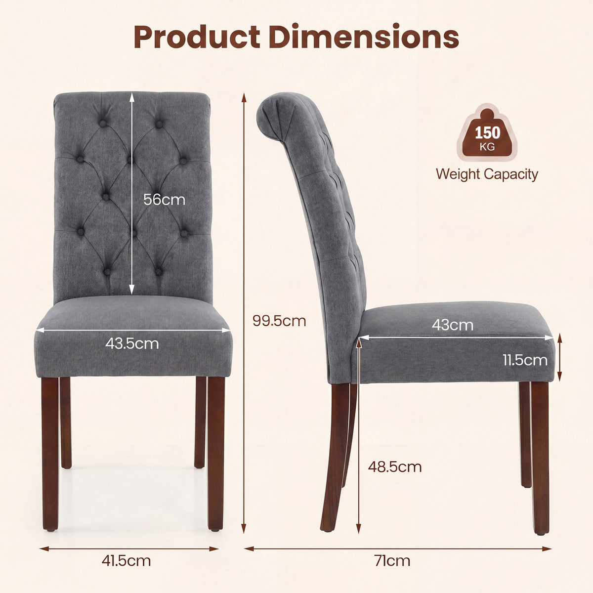Upholstered Dining Chairs Set of 2 Button Tufted Chairs with Padded Seat and Backrest-Grey