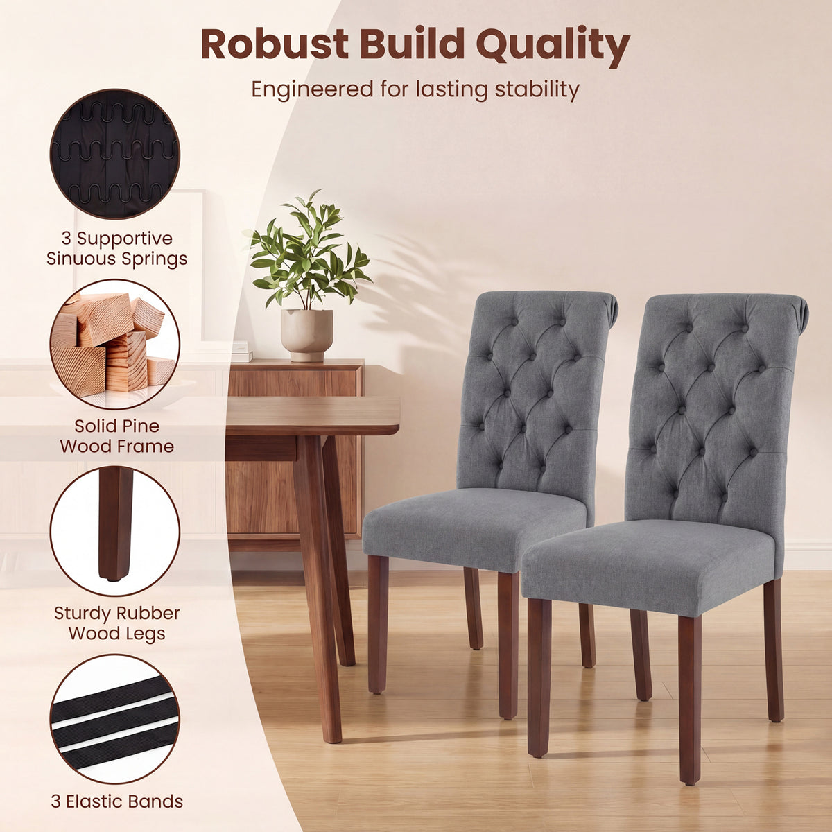 Upholstered Dining Chairs Set of 2 Button Tufted Chairs with Padded Seat and Backrest-Grey