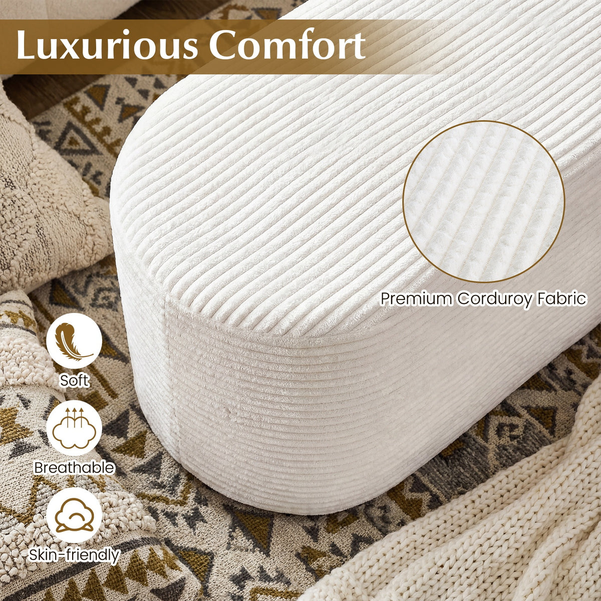 Upholstered Ottoman Bench 120CM Modern End of Bed Stool with Corduroy Fabric-White