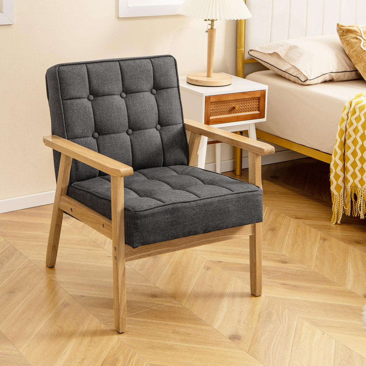 Modern Accent Chair with Rubber Wood Armrests -Grey