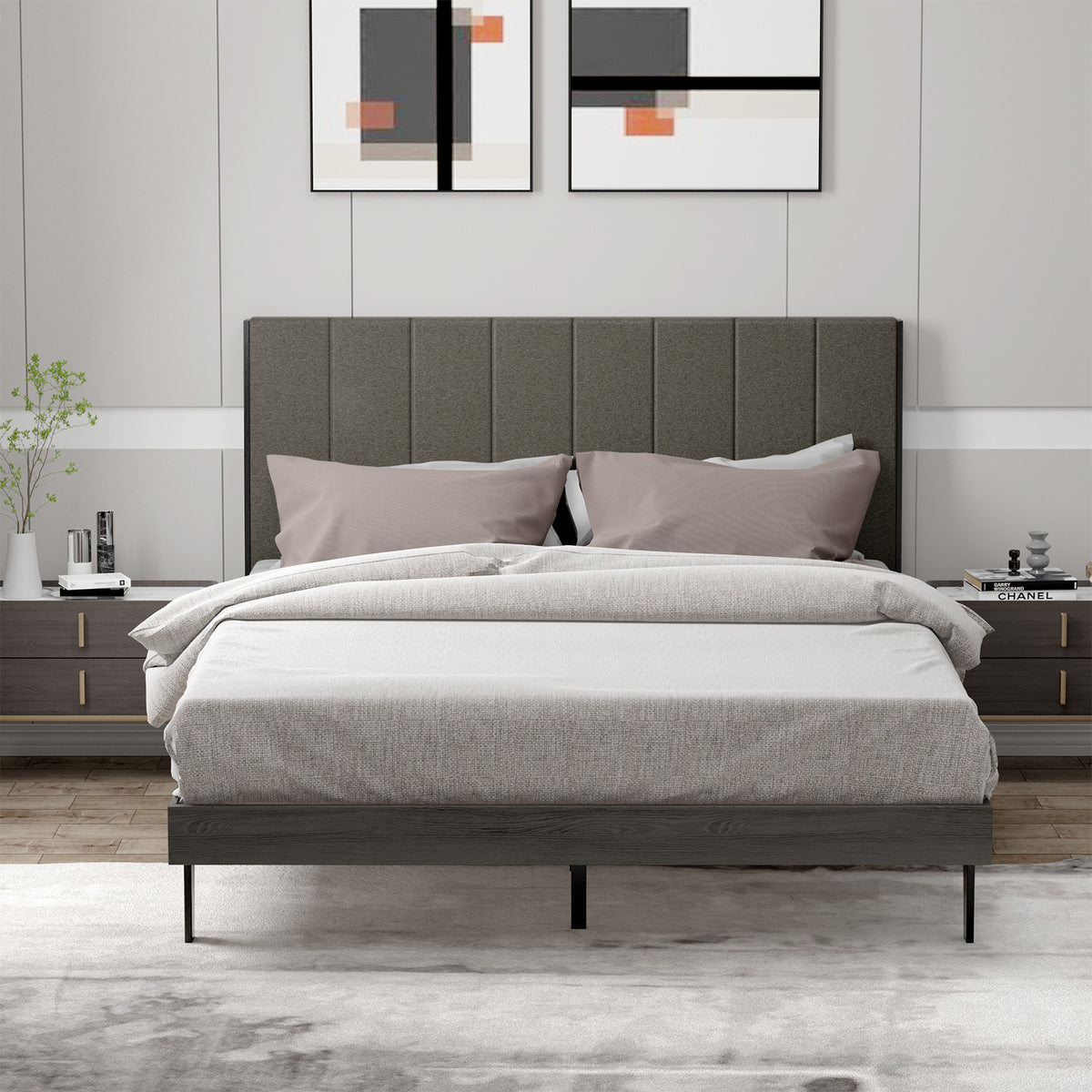 Upholstered Bed Frame Wooden Slats Support Mattress Foundation
