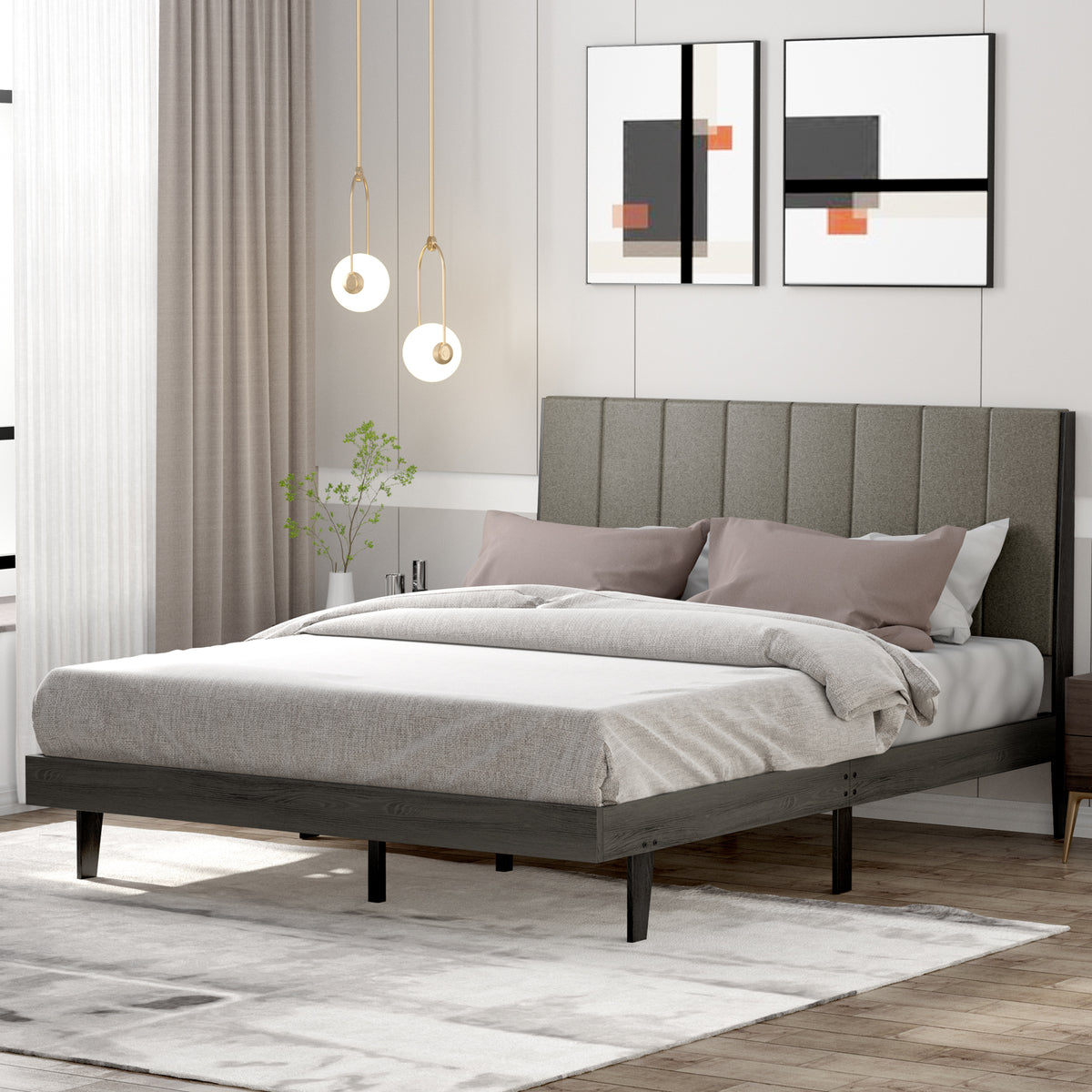 Upholstered Bed Frame Wooden Slats Support Mattress Foundation