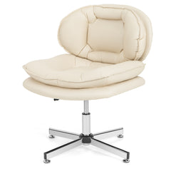 Beige upholstered desk chair with chrome base and wheels