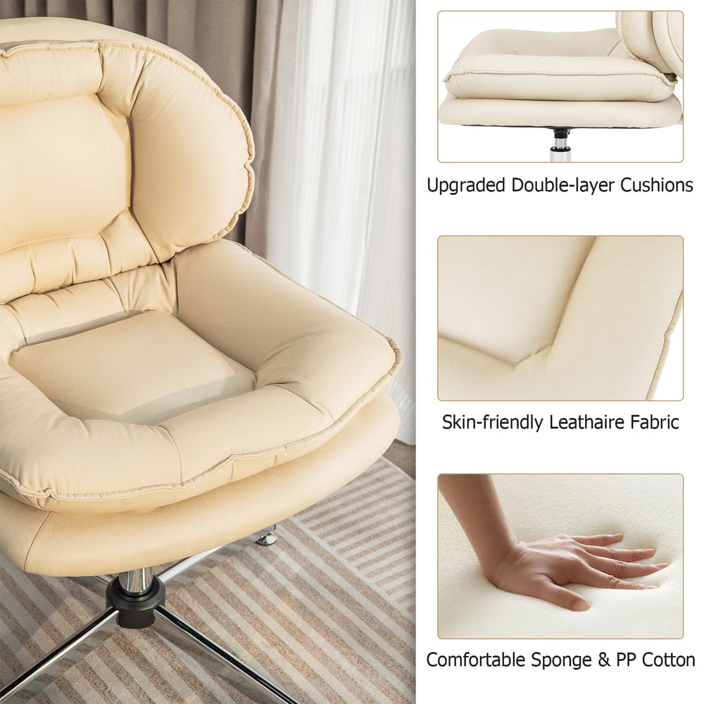 Close up details of the beige upholstered office chair cushions and fabric