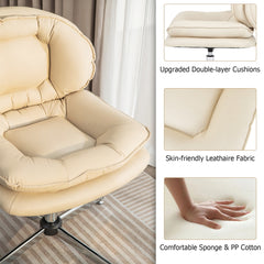 Close up details of the beige upholstered office chair cushions and fabric