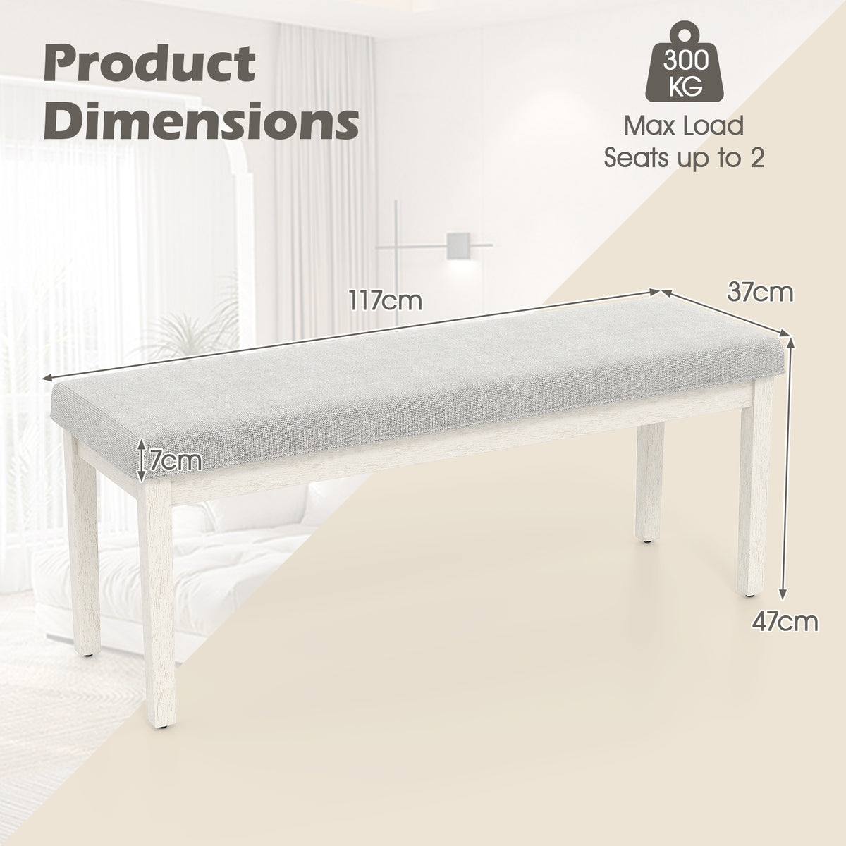 Upholstered Dining Bench Shoe Bench with Rubber Wood Legs and 300 KG Max Load-Light Grey
