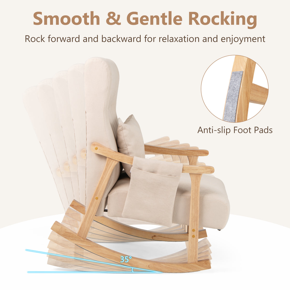 Upholstered Glider Rocker Chair with High Backrest and Cushioned Seat-Beige
