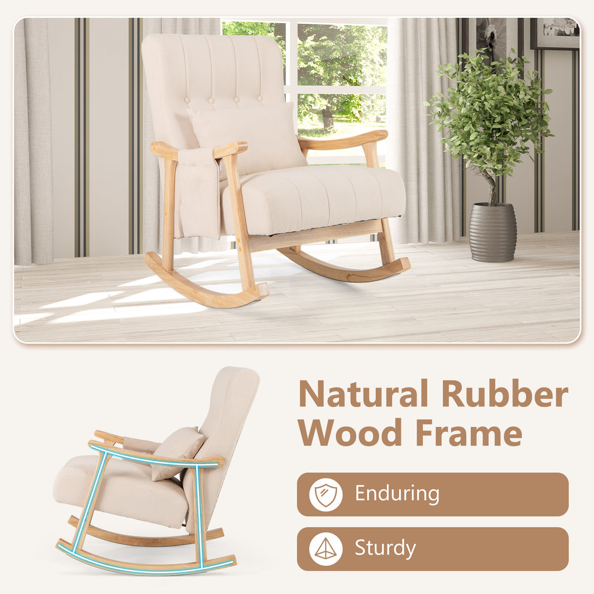 Upholstered Glider Rocker Chair with High Backrest and Cushioned Seat-Beige