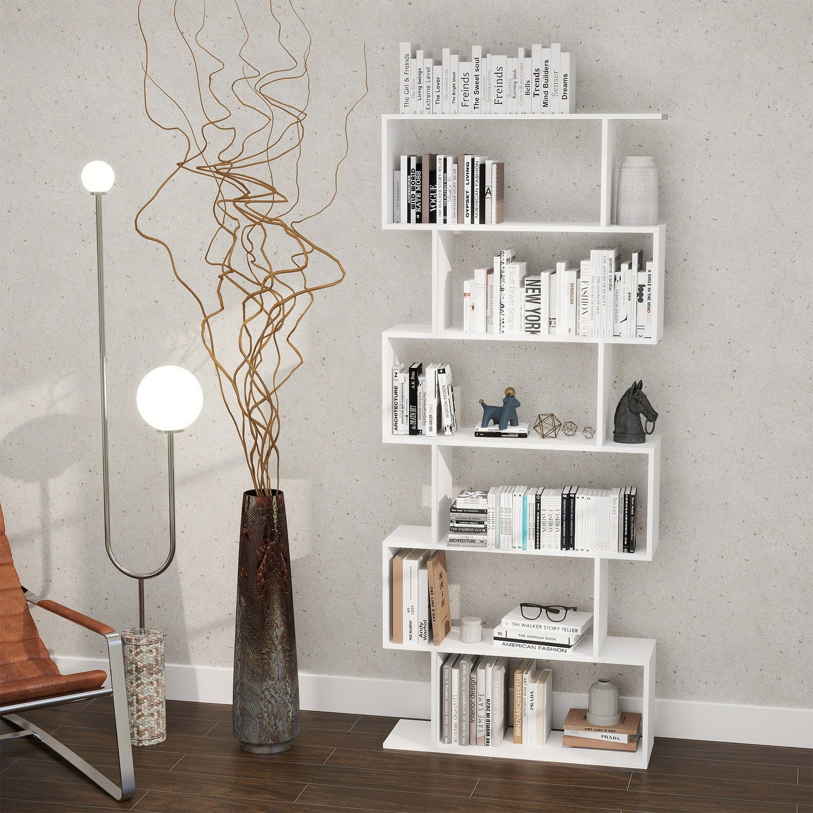 HOMCOM Bookcase, 6 Tier Shelf S Shaped Bookshelf, Storage Unit, Display Shelf for Living Room, Bedroom, Home Office, Plant, White