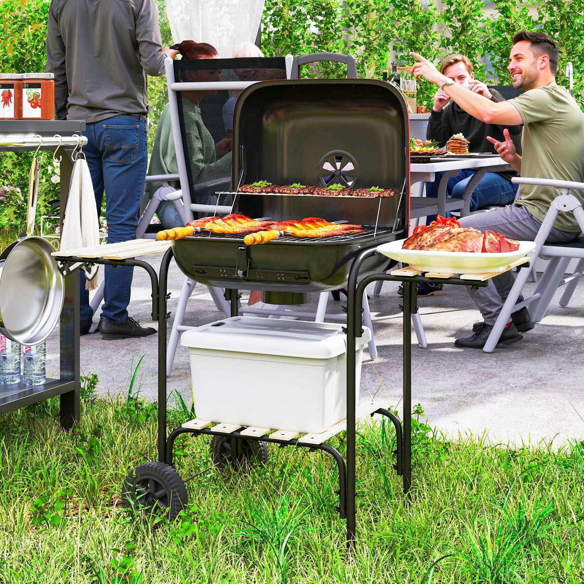 Outsunny Charcoal Barbecue Grill Portable BBQ Grill with 1840 cm² Cooking Area, 3 Shelves, Adjustable Vent, Lockable Lid, Wheels for Outdoor Cooking, Garden Party, Red