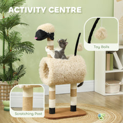 PawHut Cat Tree Sheep Design, 98 cm Multi-Level Cat Tower with Scratching Posts, Tunnel & Play Ball, Light Brown