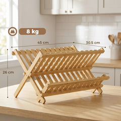 HOMCOM Kitchen Storage Unit, 2-Tier Foldable Kitchen Storage Rack with Slatted Draining Shelves, Natural Wood Finish