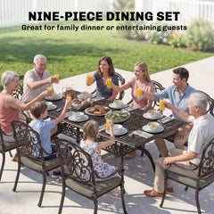 Outsunny 9 Piece Cast Aluminium Garden Dining Set, Garden Table and Chairs Set with Cushions, Parasol Hole for Patio, Bronze Tone