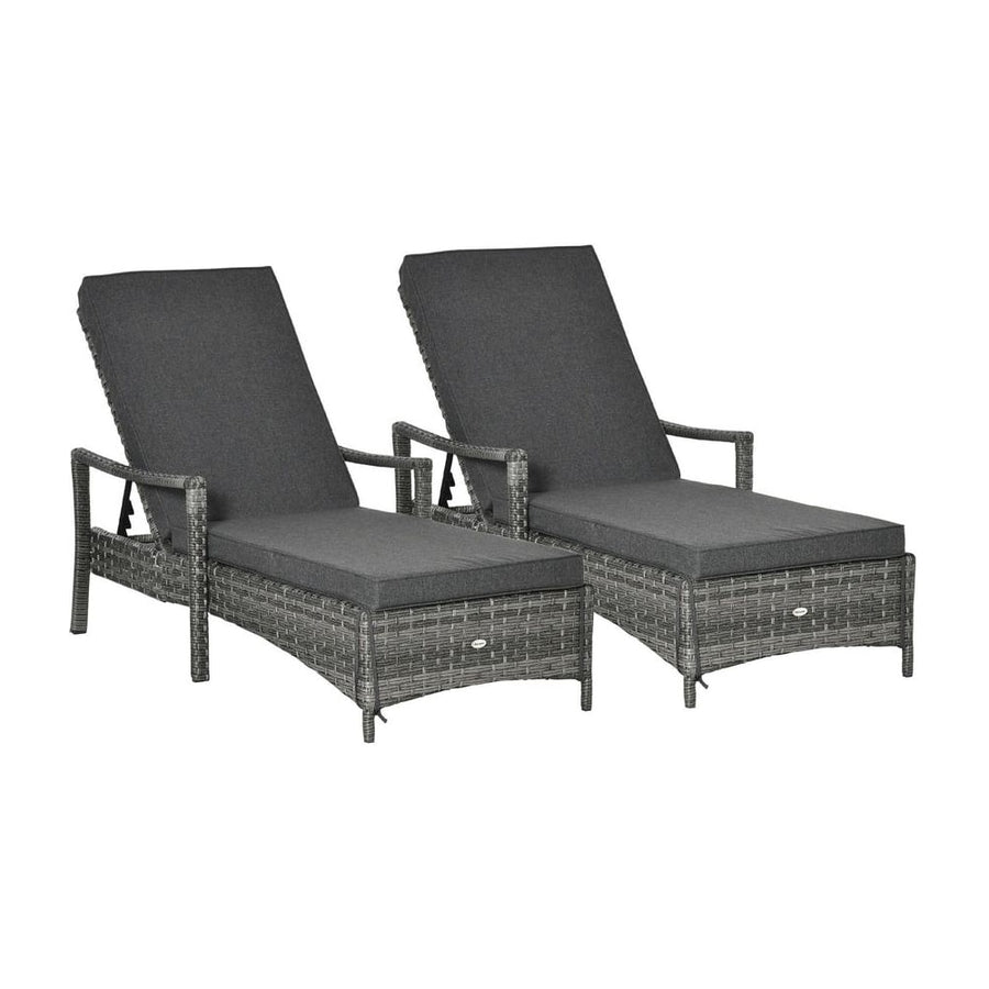 Outsunny PE Rattan Sun Loungers set of 2 with Cushion, Outdoor 2 Pieces Garden Sunbed Furniture with 4-Level Recliner