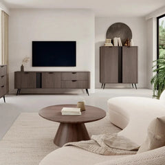 The sideboard cabinet placed in a modern living room setting with a sofa