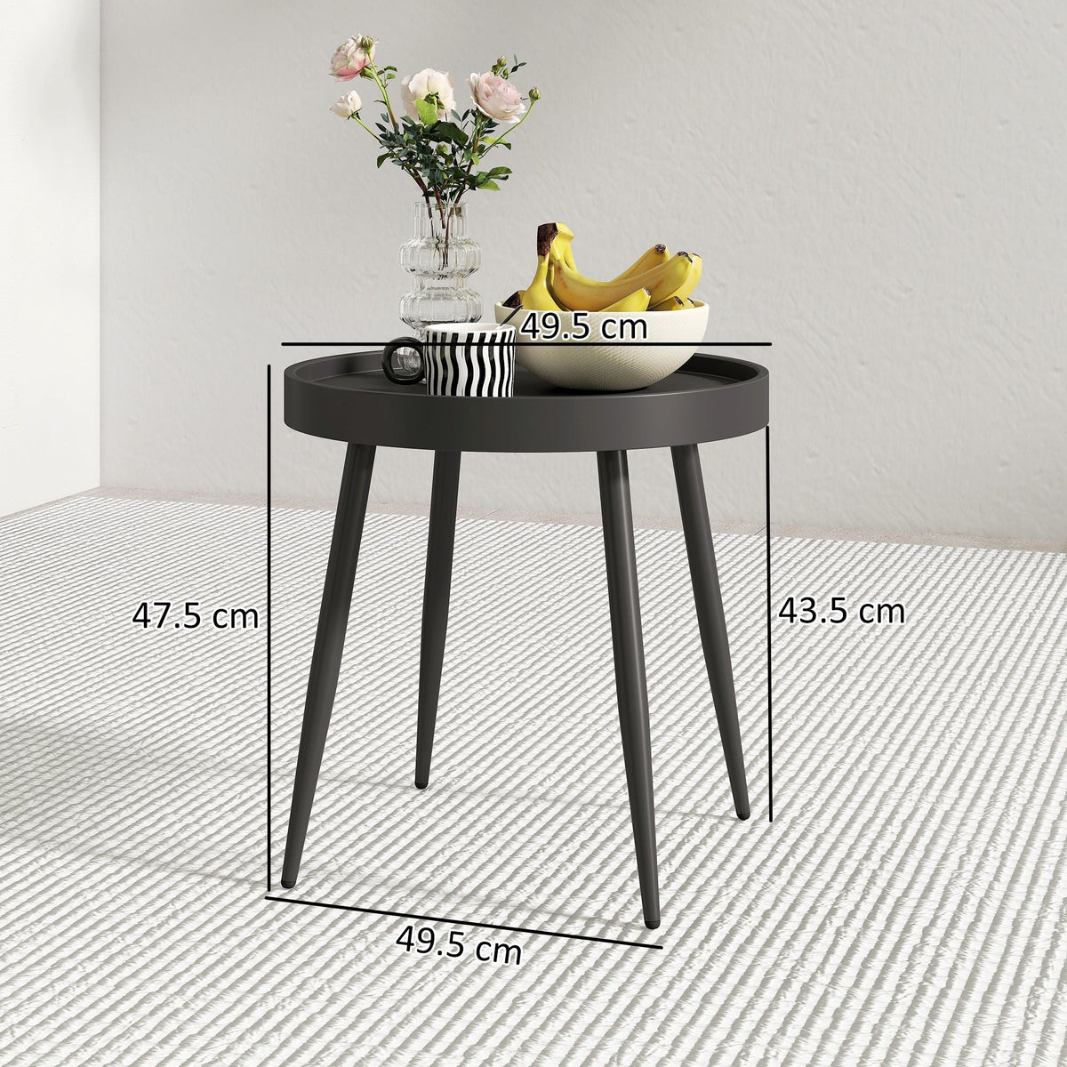 Outsunny 49.5 cm Round Garden Table, Small Outdoor Coffee Side Table with Plastic Tray-Style Top, Metal Legs, Black