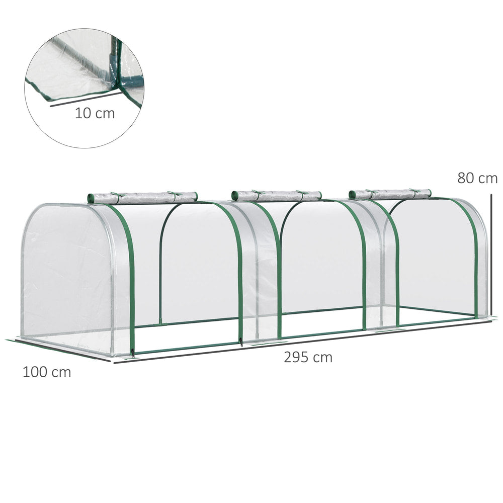 A clear tunnel greenhouse with dimensions shown, 295 cm long, 100 cm wide and 80 cm high