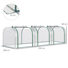 A clear tunnel greenhouse with dimensions shown, 295 cm long, 100 cm wide and 80 cm high