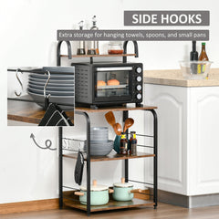 HOMCOM 4-Tier Baker's Rack, Microwave Stand with 4 Hooks, Kitchen Storage Unit for Spices, Pots and Pans, Rustic Brown