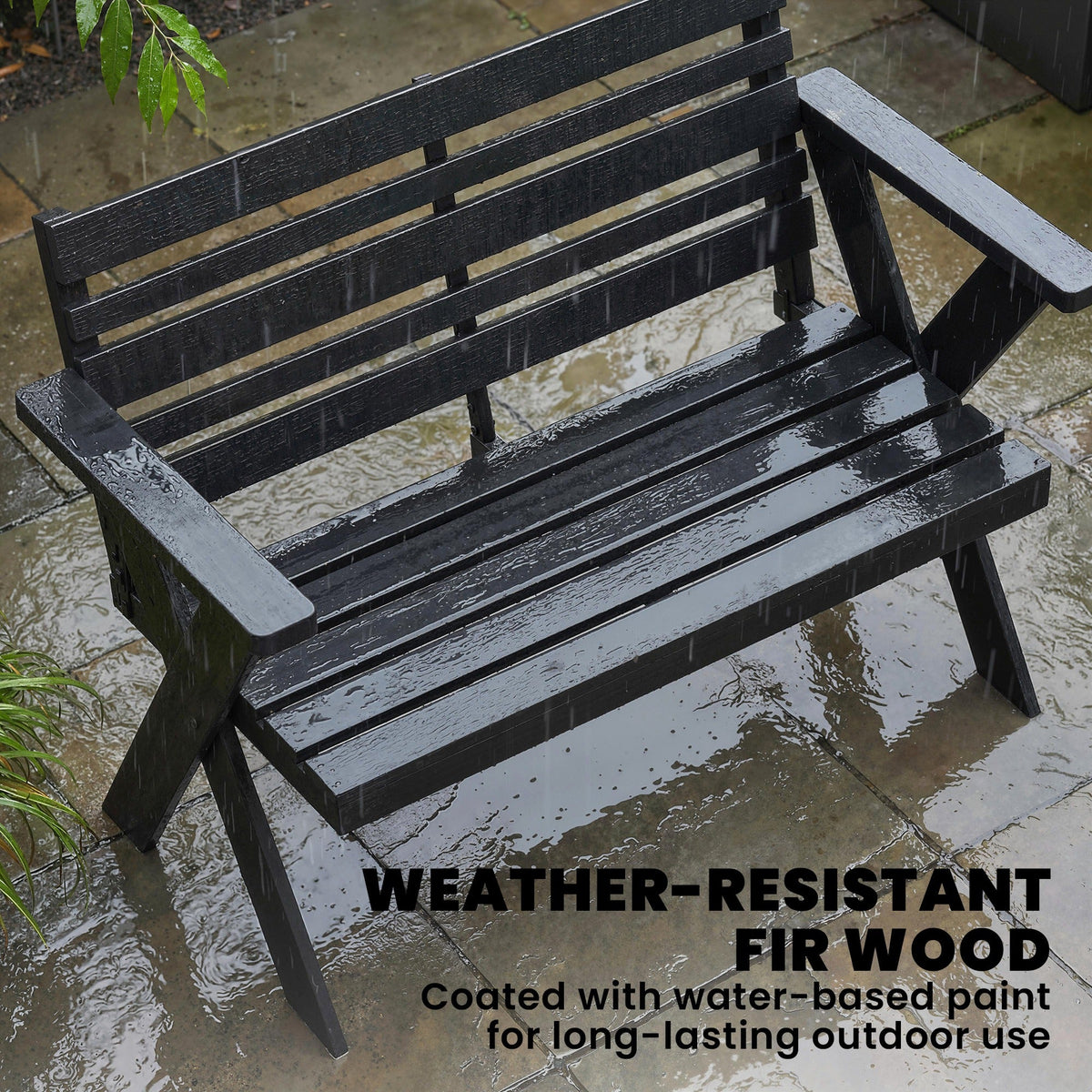 Outsunny 2 Seater Wooden Garden Bench, Slatted Patio Bench with Armrest and Backrest, Black