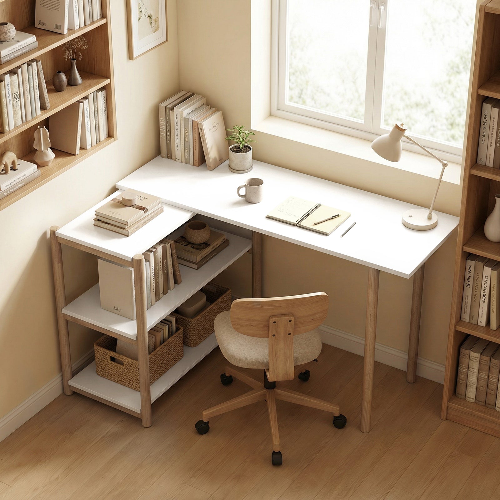 The office desk with storage shelves set up in a home office room next to a window