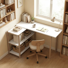 The office desk with storage shelves set up in a home office room next to a window