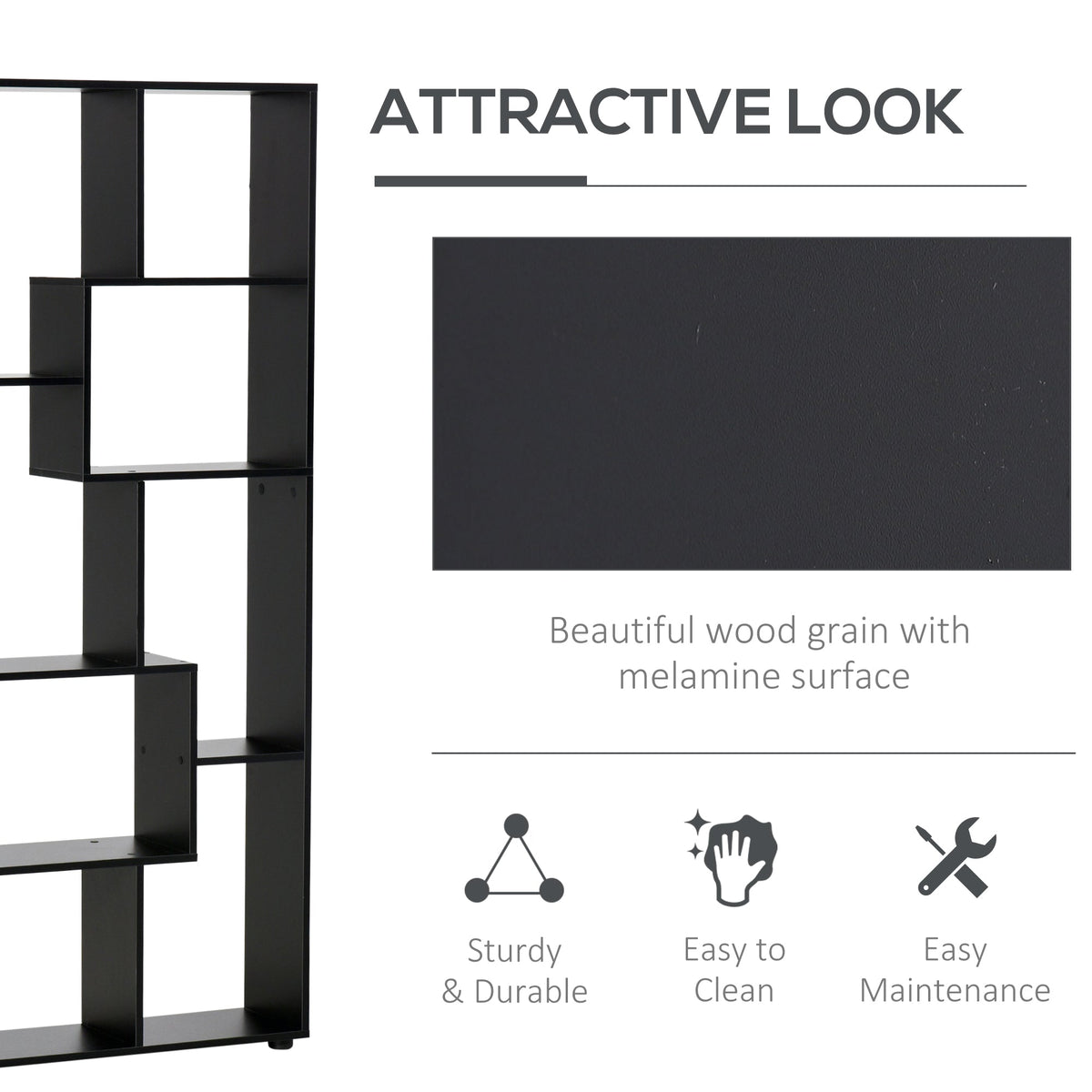 HOMCOM 8-Tier Freestanding Bookcase w/ Melamine Surface Anti-Tipping Foot Pads Home Display Storage Grid Stand Bedroom Living Room Furniture Modern Style - Black