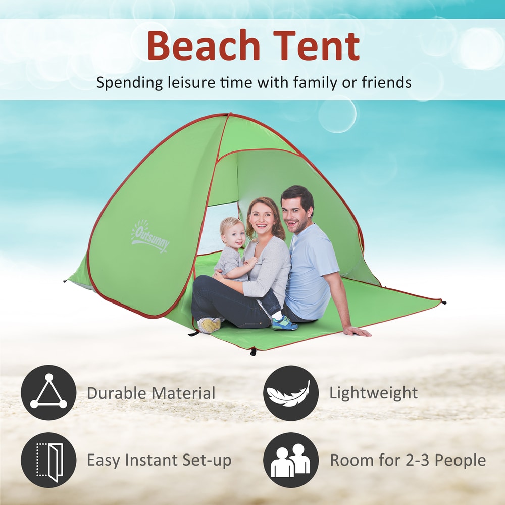 The beach shelter with a family sitting inside and icons highlighting key product features