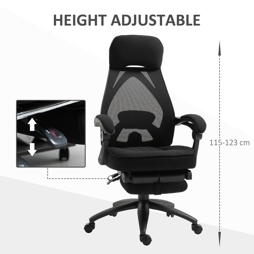 The office chair highlighting the height adjustment lever and total height range