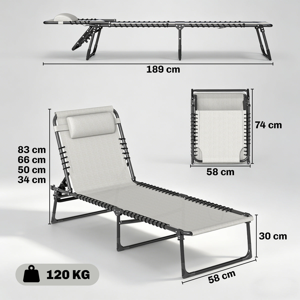 Outsunny Foldable Sun Lounger, Outdoor 4 Level Adjustable Backrest Reclining Chaise Chair, Steel Frame Recliner Chair for Camping, Hiking, Cream White