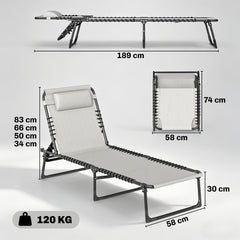 Outsunny Foldable Sun Lounger, Outdoor 4 Level Adjustable Backrest Reclining Chaise Chair, Steel Frame Recliner Chair for Camping, Hiking, Cream White