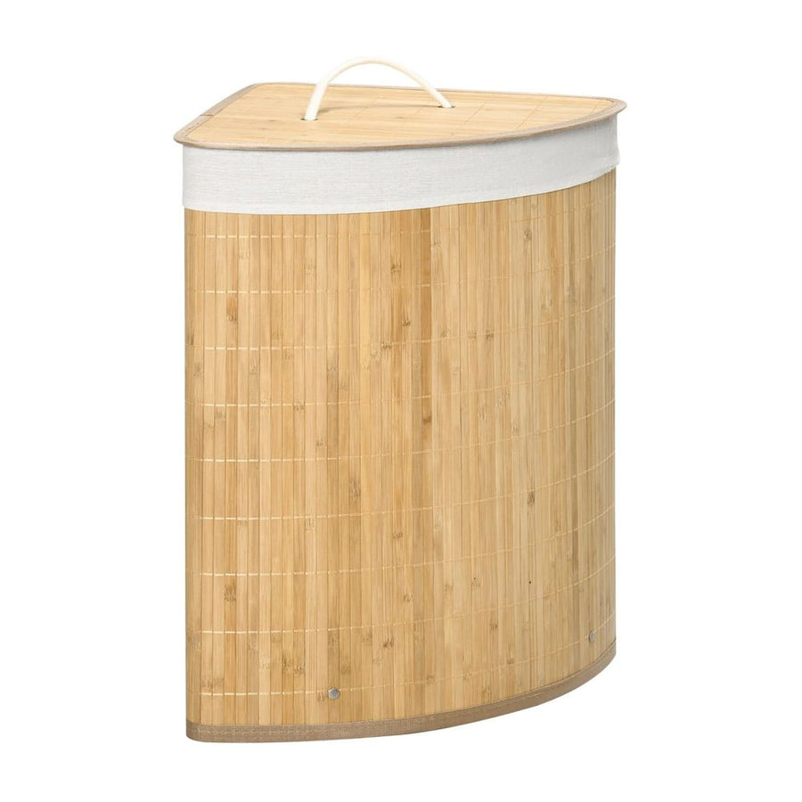 HOMCOM Bamboo Laundry Basket with Lid, 55 Litres Laundry Hamper with Removable Washable Lining, Corner Washing Baskets, 38 x