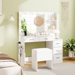 Vanity Desk with Mirror and Lights 5 Drawers Makeup Table Set with Storage Stool-White