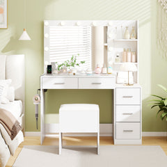 Vanity Desk with Mirror and Lights 5 Drawers Makeup Table Set with Storage Stool-White