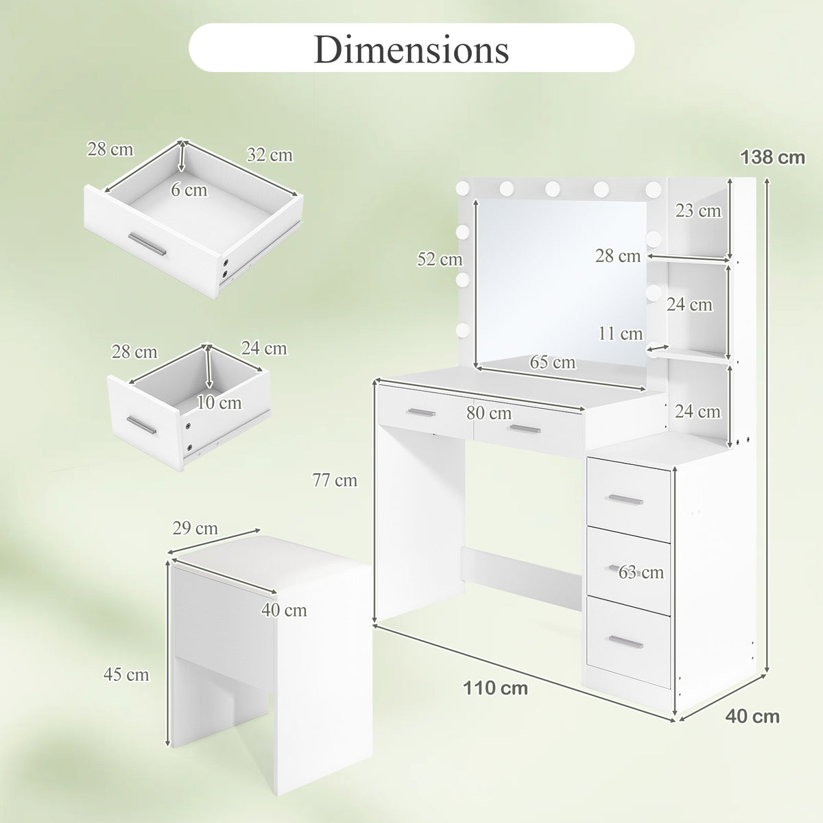 Vanity Desk with Mirror and Lights 5 Drawers Makeup Table Set with Storage Stool-White