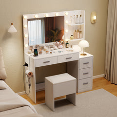 Vanity Desk with Mirror and Lights 5 Drawers Makeup Table Set with Storage Stool-White